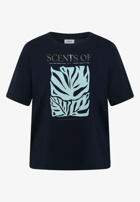 T-Shirt mit Rundhals und Frontprint universal blue Dunkelblaues T-Shirt mit kurzem Arm, Aufdruck ‘SCENTS OF’ und hellgrünem Blattmuster.