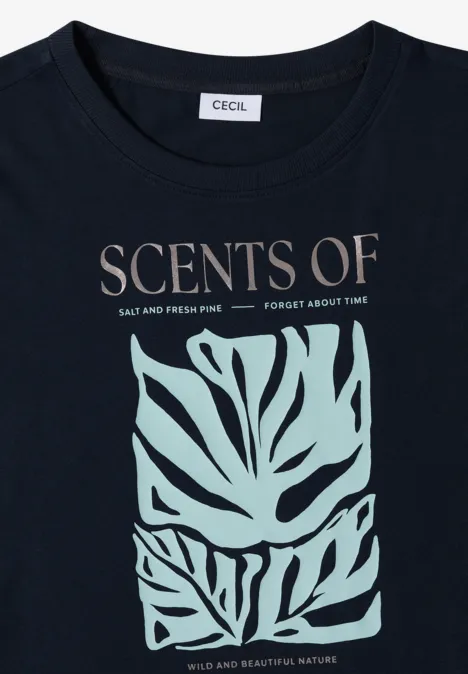 T-Shirt mit Rundhals und Frontprint universal blue Schwarzes T-Shirt mit 'SCENTS OF'-Schriftzug, Blattgrafik und kleinem 'Salt and Fresh Pine - Forget About Time'-Text.
