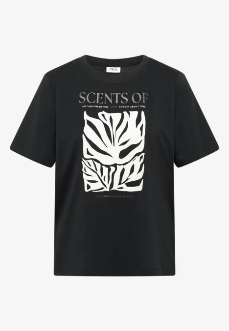 T-Shirt mit Rundhals und Frontprint palm breeze green Schwarzes T-Shirt mit weißem Zebra-Muster und Schriftzug ‚SCENTS OF‘