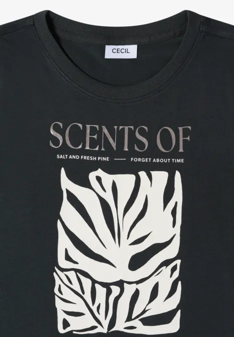 T-Shirt mit Rundhals und Frontprint palm breeze green Schwarzes T-Shirt mit weißem Blätterprint und Text 'SCENTS OF SALT AND FRESH PINE' vorne.