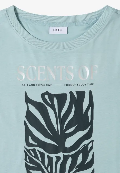 T-Shirt mit Rundhals und Frontprint crystal mint Mintgrünes T-Shirt mit 'SCENTS OF'-Schriftzug, kleinem Naturtext und dunklem Blattmotiv.