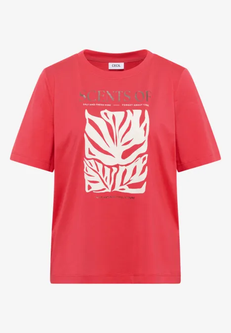 T-Shirt mit Rundhals und Frontprint coral Rotes T-Shirt mit weißem, abstraktem Blatt-Print und Schriftzug "SCENTS OF" auf der Brust.