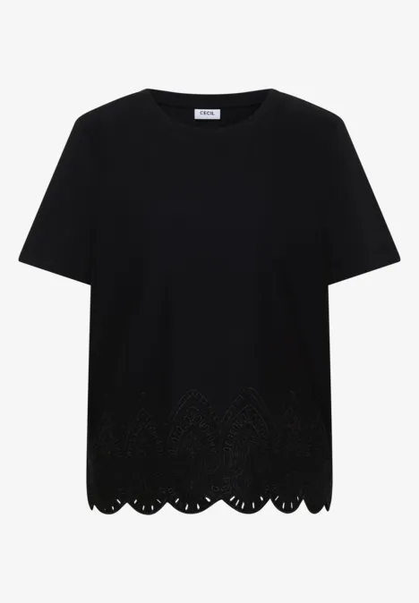 Zwart T-shirt met korte mouwen, ronde hals en geschulpte, geborduurde zoom.