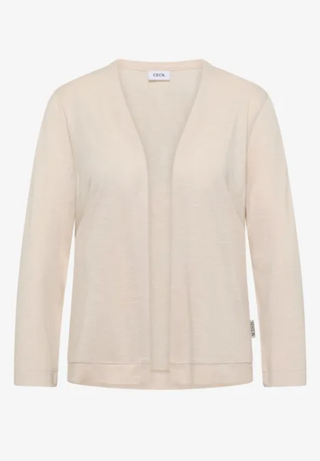 Licht, opengebreid vest in crème met V-hals en lange mouwen.