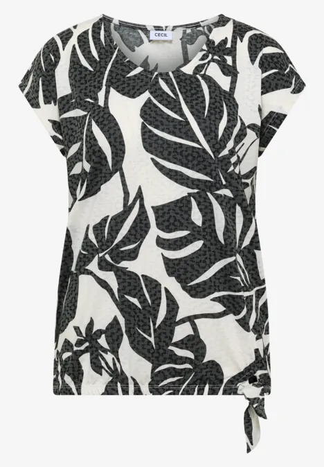 T-Shirt in Ausbrenner-Optik palm breeze green Weißes Kurzarm-Shirt mit schwarzen großen Blattmustern und seitlicher Schleife am Saum.