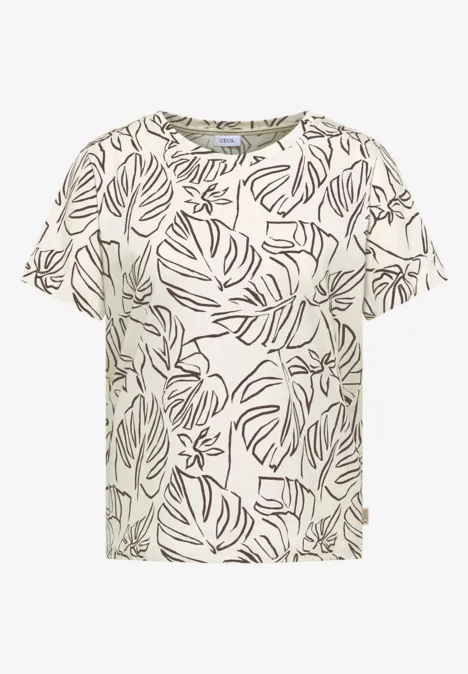 Wit T-shirt met korte mouwen en olijfgroene Monstera-bladeren als print.