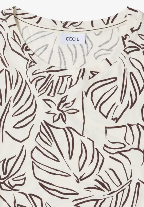 Een crèmekleurig T-shirt met bruine tropische bladvprint en ronde hals.