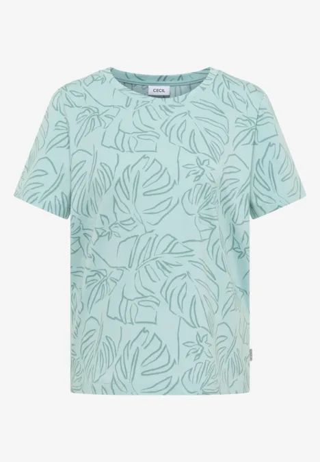 T-Shirt mit Rundhals und Blätterprint crystal mint Ein mintfarbenes T-Shirt mit tropischem Blätterprint.