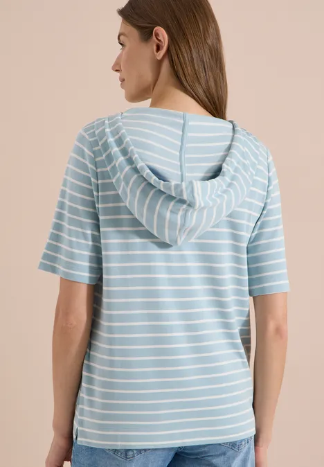 Hoodie met korte mouwen en strepen crystal mint Achteraanzicht van een persoon in lichtblauw-wit gestreept capuchonshirt met korte mouwen voor neutrale achtergrond.