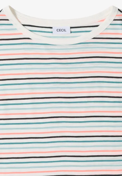 T-Shirt mit Boat Neck und Turn-Up-Detail vanilla white Weißes T-Shirt mit bunten horizontalen Streifen und Rundhalsausschnitt, Marke CECIL.