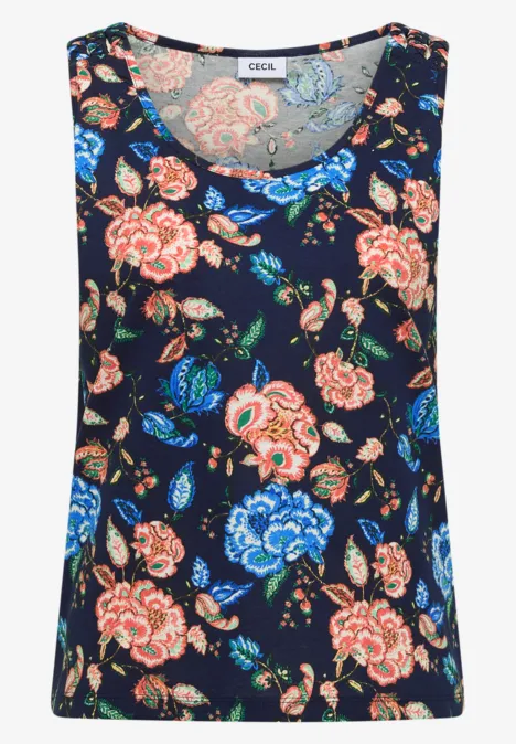 Ärmelloses Top in Marineblau mit buntem Rosenmuster.