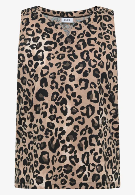 Débardeur femme à imprimé léopard beige et noir.
