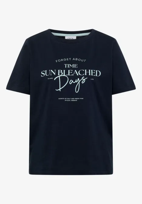 T-Shirt mit Boat Neck und Wording Artwork universal blue Schwarzes T-Shirt mit weißem "Forget about time sun bleached days"-Schriftzug.
