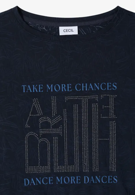 T-Shirt in Ausbrenner-Optik universal blue Dunkles T-Shirt mit CECIL-Label, Aufdruck 'TAKE MORE CHANCES', grafischem Muster und 'DANCE MORE DANCES'