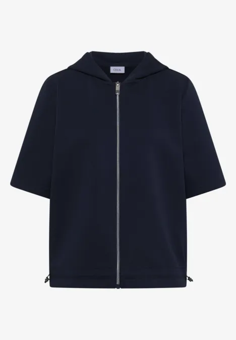 Veste à capuche bleu marine à manches courtes avec fermeture éclair argentée.