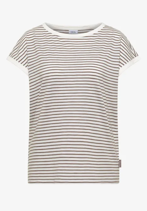 Weißes Kurzarmshirt mit schmalen braunen Querstreifen und rundem Ausschnitt.