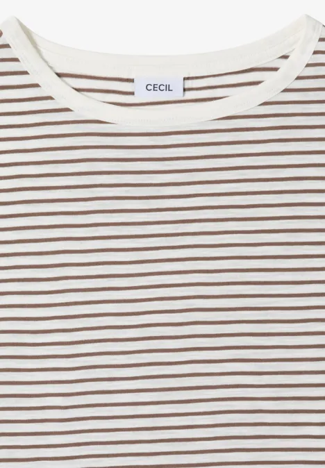 Weißes T-Shirt mit feinen braunen Streifen und Rundhalsausschnitt