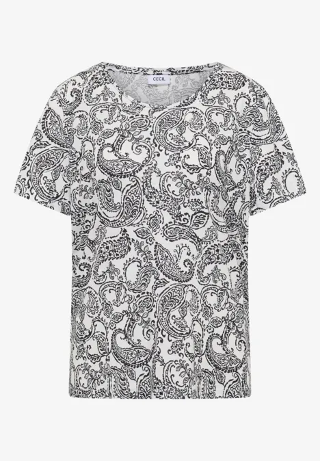 Wit T-shirt met korte mouwen en zwart paisley-patroon.