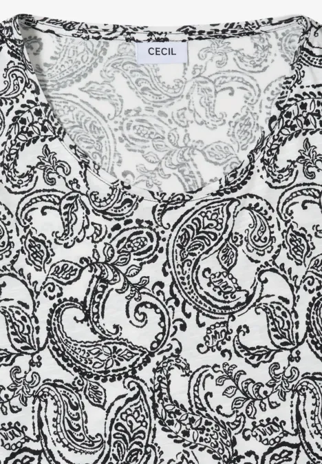 Wit damesshirt met zwart paisleypatroon en ronde hals van het merk CECIL.