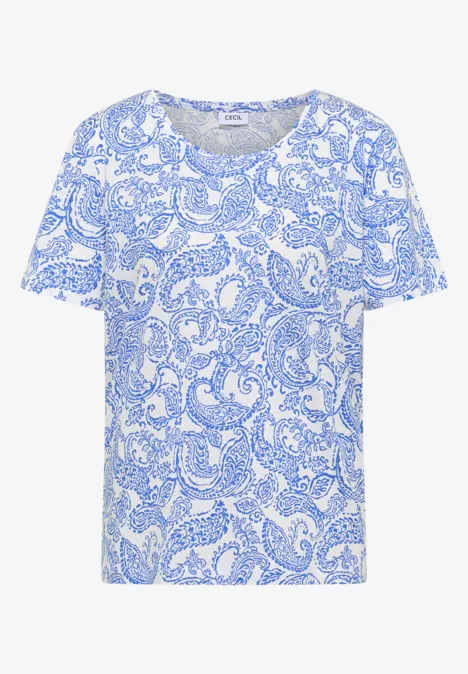 Wit T-shirt met blauwe paisleyprint