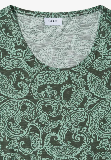 Dunkelgrünes Rundhalsshirt mit hellgrünem Paisley-Muster und CECIL-Label