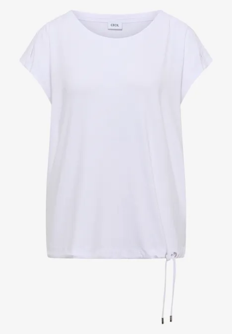 Wit T-shirt met korte mouwen, ronde hals en verstelbaar koord aan de zoom.