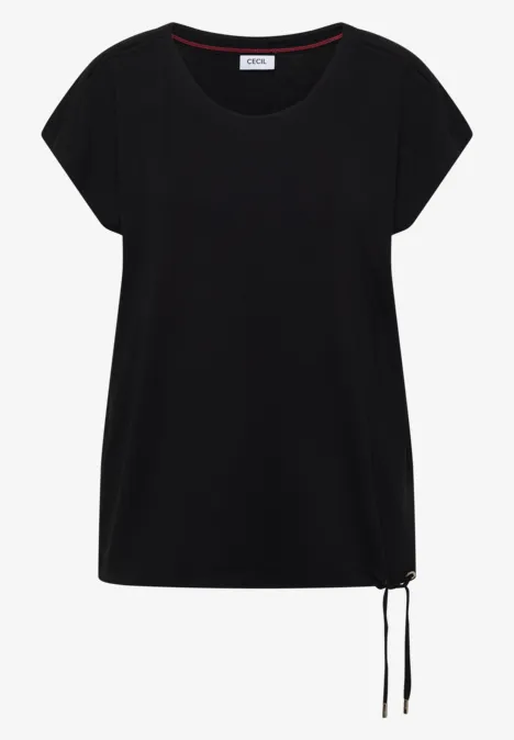 Zwart damesshirt met ronde hals, korte mouwen en een verstelbaar zijkoordje.