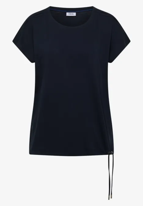 Zwart damesshirt met korte mouwen en zijdelingse koordsluiting aan de zoom.