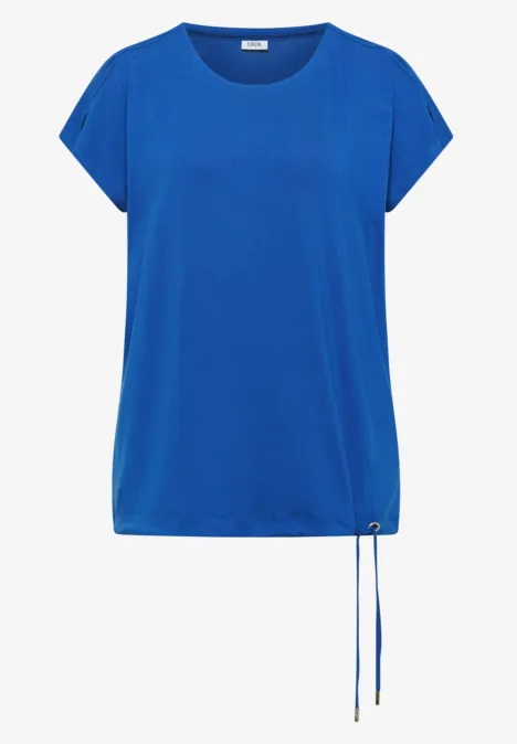 Blauw T-shirt met korte mouwen, ronde hals en trekkoord aan de onderkant.