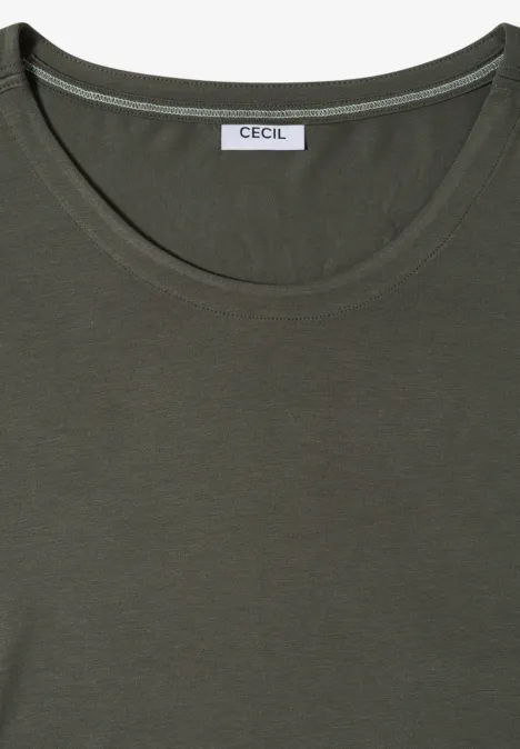 Khakigrünes T-Shirt mit Rundhalsausschnitt und Markenetikett CECIL.