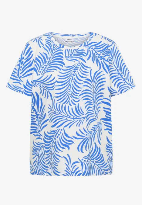 Wit T-shirt met een blauw, golvend bladvormig patroon.