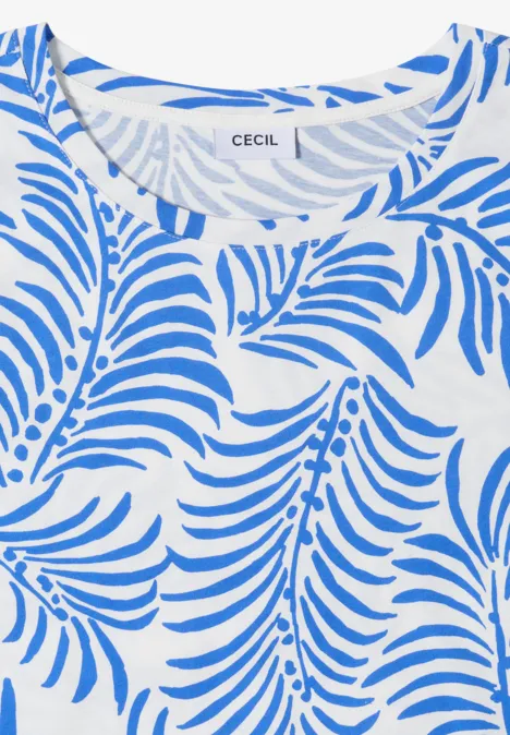 Wit shirt met blauw bladpatroon en ronde hals