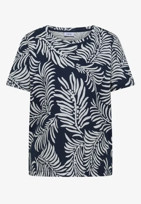 Marineblauw T-shirt met wit bladerenpatroon