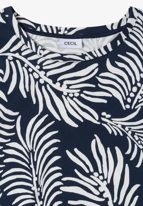 Donkerblauwe blouse met wit bladmotief, elegant en zomers.