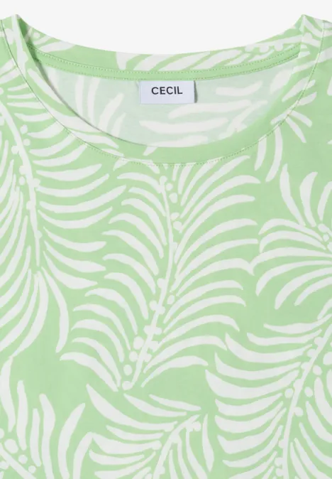 Pastelgroen T-shirt met wit tropisch bladmotief en 'CECIL'-label