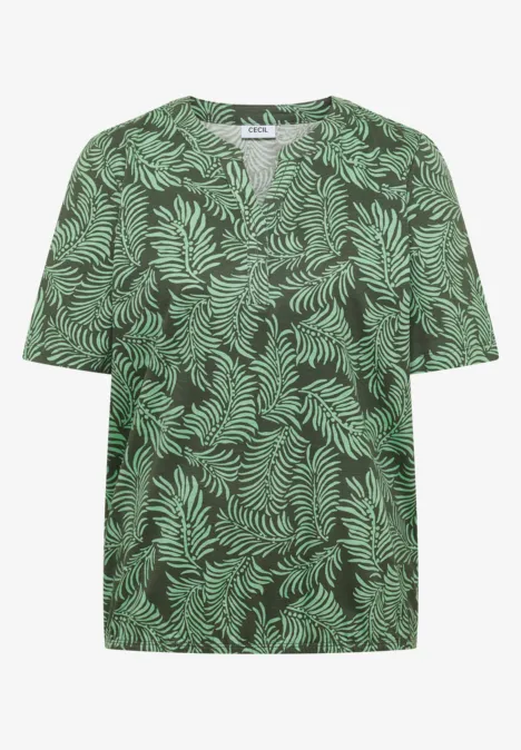 Grünes T-Shirt mit hellgrünem Blattmuster und kurzen Ärmeln.