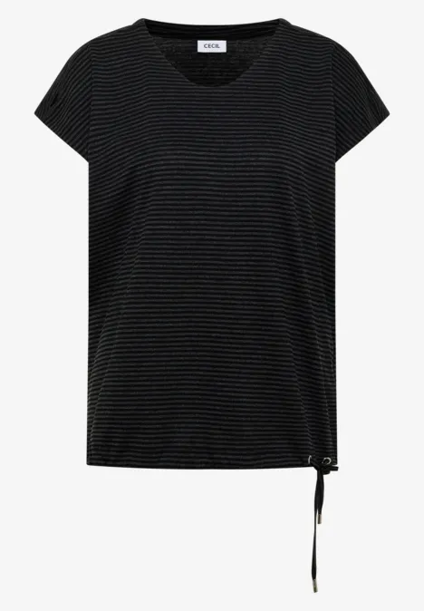 Schwarzes T-Shirt mit kurzen Ärmeln, feinen Querstreifen und seitlicher Tunnelzugkordel am Saum.