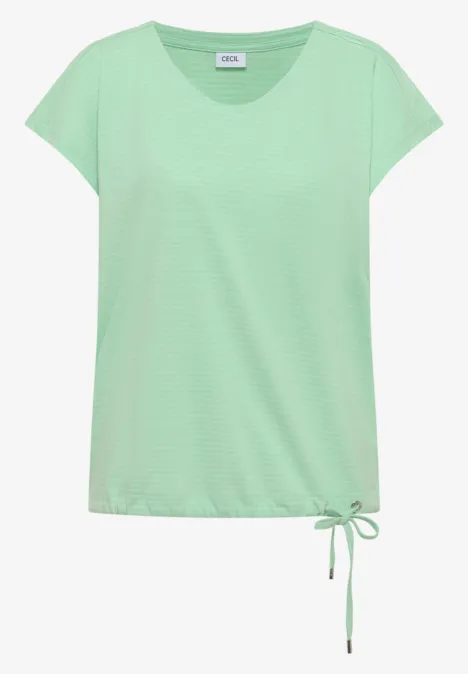 T-shirt femme vert clair à manches courtes, col rond et cordon de serrage à la base.