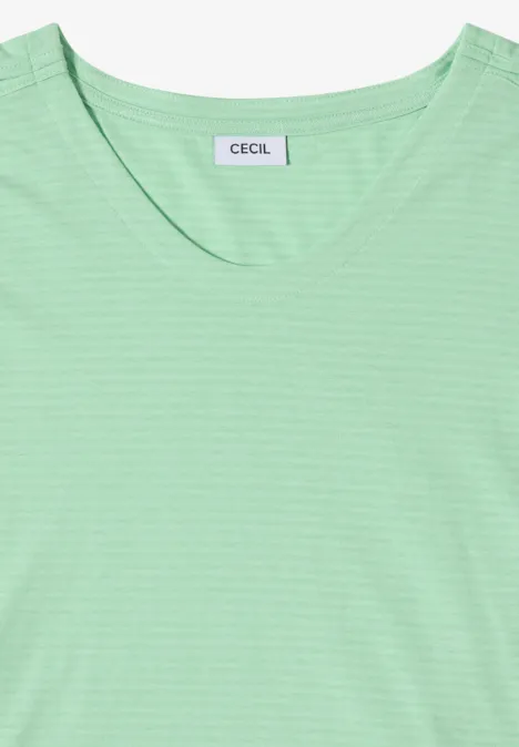 T-shirt femme vert menthe à fines rayures blanches, col rond, étiquette 'CECIL'