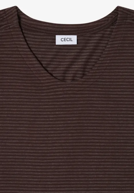 Braunes T-Shirt mit feinen schwarzen Streifen und rundem Ausschnitt von Cecil