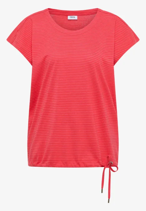 T-shirt femme rouge à fines rayures, manches courtes, cordon de serrage latéral pour ajuster.