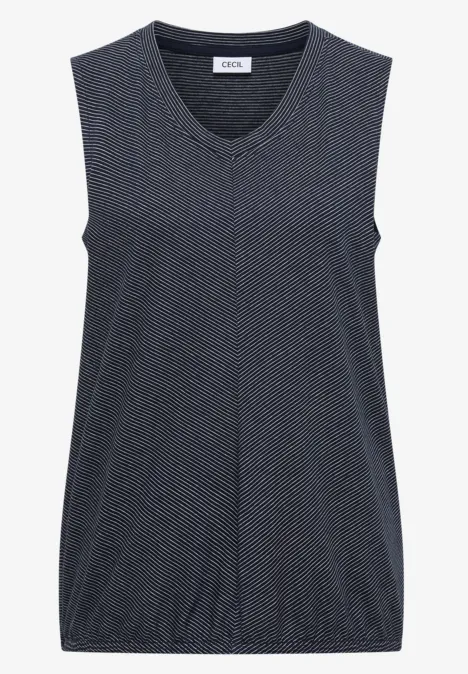 Top met V-hals en strepen universal blue Mouwloze donkergrijze top met V-hals en subtiel textuurpatroon.