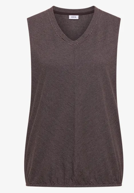 Ärmelloses Stricktop mit V-Ausschnitt in dunklem Braun mit feinem Muster.