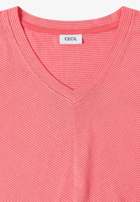 Top met V-hals en strepen coral Koraalroze dames-T-shirt met smalle witte strepen en V-hals van CECIL.