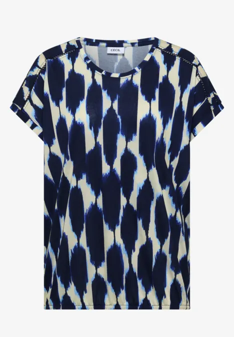 T-Shirt mit V-Neck und Spitzendetail urban dark blue Kurzärmliges Damen-Shirt mit abstraktem blauen und weißen Pinselstrichmuster.