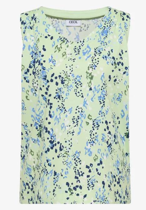 Ärmelloses Top in Pastellgrün mit zartem blauem Blumenmuster.