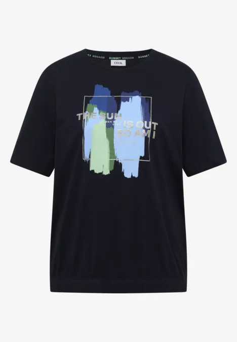 T-Shirt mit Rundhals und Frontprint urban dark blue Schwarzes T-Shirt mit drei abstrakten, pastellfarbenen Formen und dezentem Schriftzug.