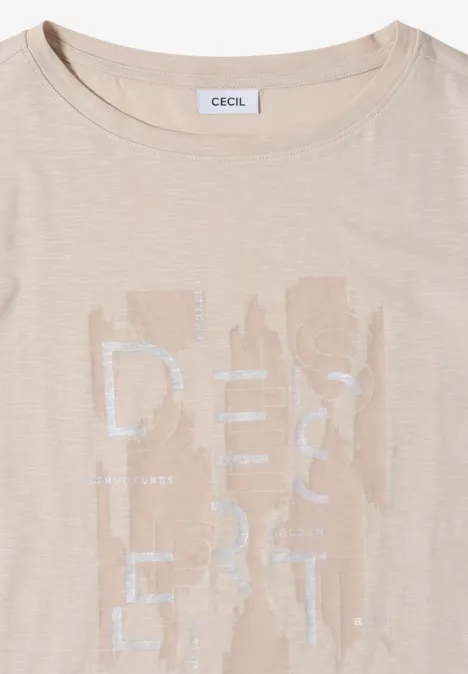 Beige dames-T-shirt met ronde hals en witte abstracte print op de voorkant.
