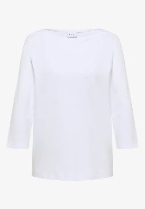 T-shirt basique à col bateau White Weißes Langarmshirt mit 3/4-Ärmeln, schlicht und zeitlos.