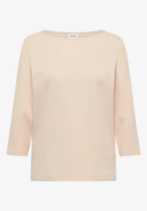 Beige T-Shirt mit halblangen Ärmeln und rundem Halsausschnitt.